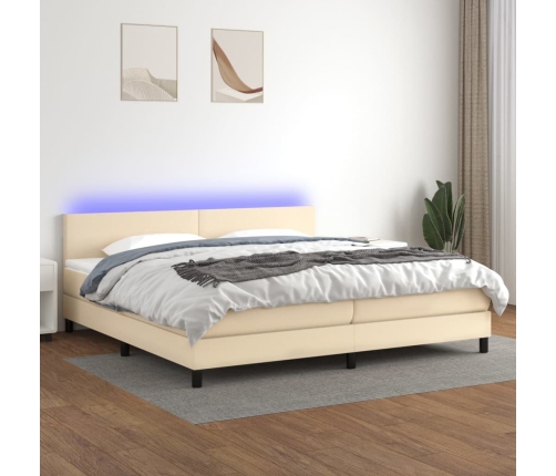 Cama box spring con colchón y LED tela crema 200x200 cm