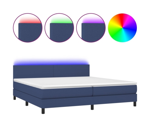 Cama box spring con colchón y LED tela azul 200x200 cm