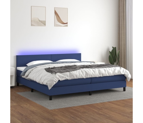 Cama box spring con colchón y LED tela azul 200x200 cm