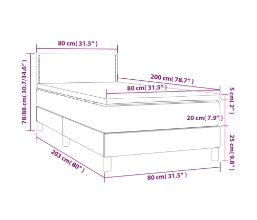 Cama box spring colchón y luces LED tela gris claro 80x200 cm