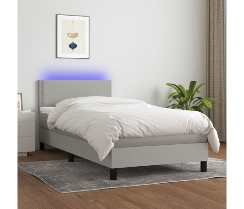 Cama box spring colchón y luces LED tela gris claro 80x200 cm