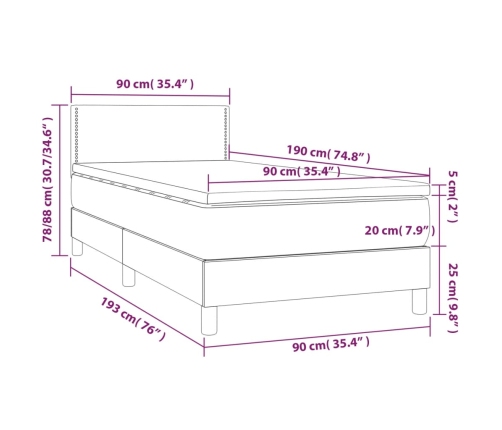 Cama box spring colchón y luces LED tela gris claro 90x190 cm