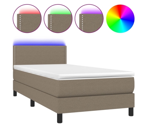 Cama box spring colchón y luces LED tela gris taupe 90x190 cm