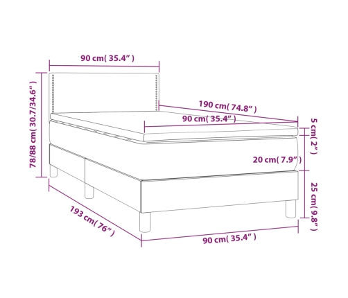 Cama box spring colchón y luces LED tela gris taupe 90x190 cm