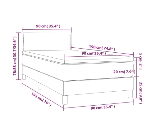 Cama box spring colchón y luces LED tela azul 90x190 cm