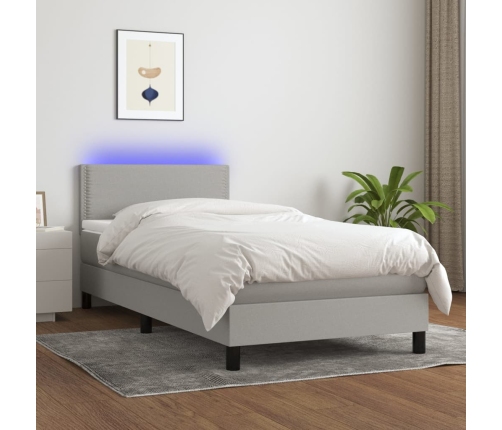 Cama box spring colchón y luces LED tela gris claro 90x200 cm