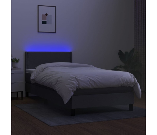 Cama box spring colchón y luces LED tela gris oscuro 90x200 cm