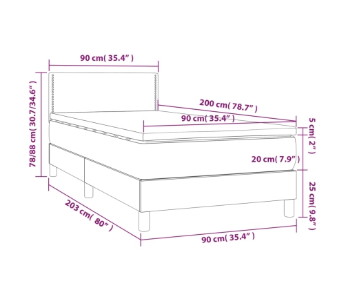 Cama box spring colchón y luces LED tela gris oscuro 90x200 cm