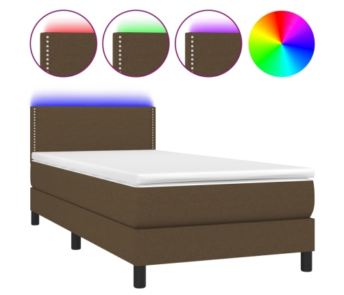 Cama box spring colchón y luces LED tela marrón oscuro 90x200cm