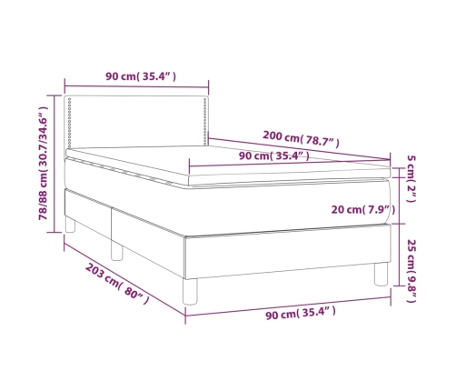 Cama box spring colchón y luces LED tela marrón oscuro 90x200cm