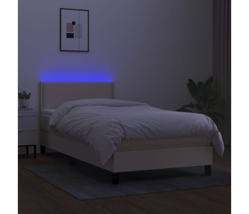 Cama box spring colchón y luces LED tela crema 90x200 cm