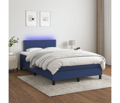 Cama box spring con colchón y LED tela azul 120x200 cm