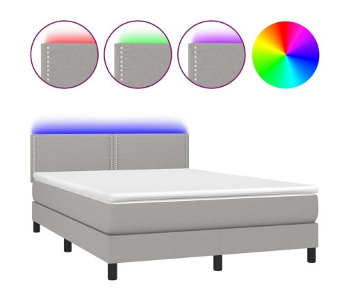 Cama box spring colchón y luces LED tela gris claro 140x190 cm