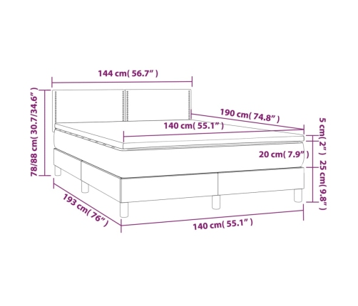 Cama box spring colchón y luces LED tela gris claro 140x190 cm