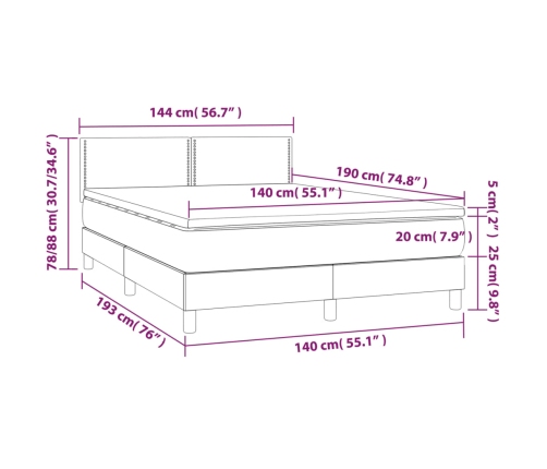 Cama box spring colchón y luces LED tela negro 140x190 cm