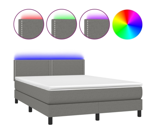 Cama box spring colchón y luces LED tela gris oscuro 140x200 cm