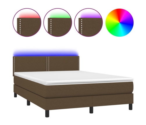 Cama box spring colchón luces LED tela marrón oscuro 140x200cm