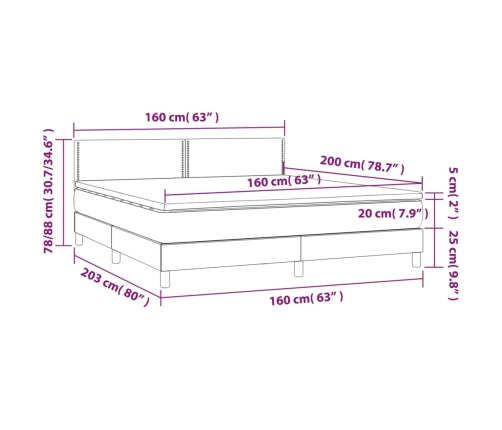 Cama box spring colchón y luces LED tela gris taupe 160x200 cm