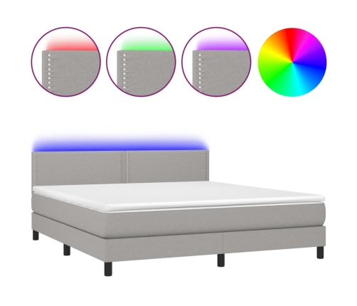 Cama box spring colchón y luces LED tela gris claro 180x200 cm