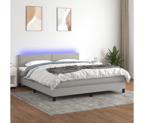 Cama box spring colchón y luces LED tela gris claro 180x200 cm