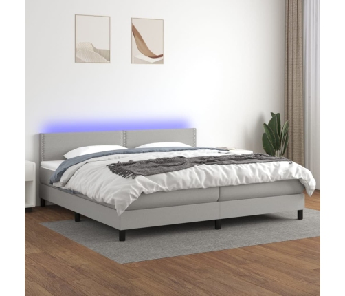 Cama box spring con colchón tela y LED gris claro 200x200 cm