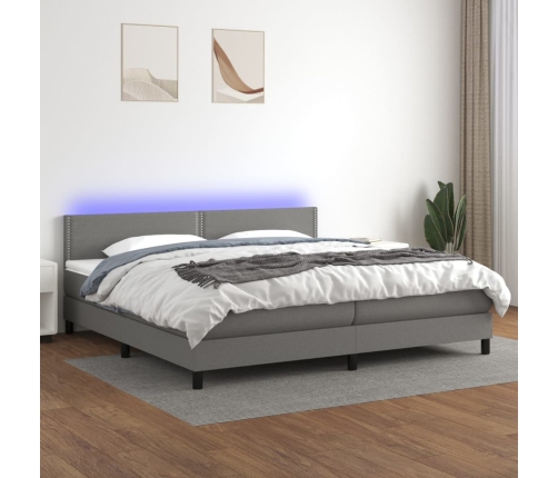 Cama box spring colchón y luces LED tela gris claro 200x200 cm