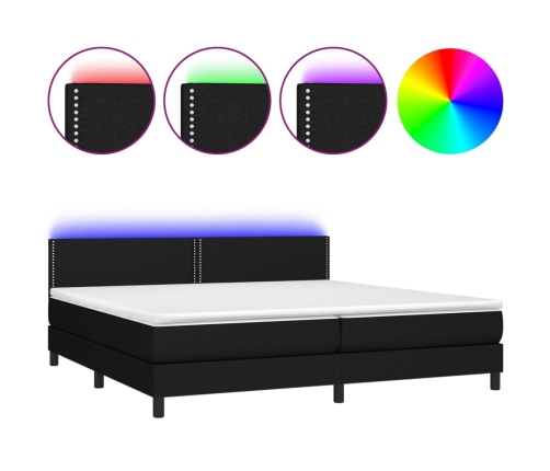 Cama box spring colchón y luces LED tela negro 200x200 cm