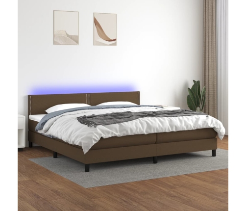 Cama box spring colchón luces LED tela marrón oscuro 200x200 cm