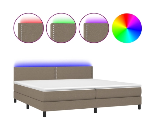 Cama box spring colchón y luces LED tela gris taupe 200x200 cm