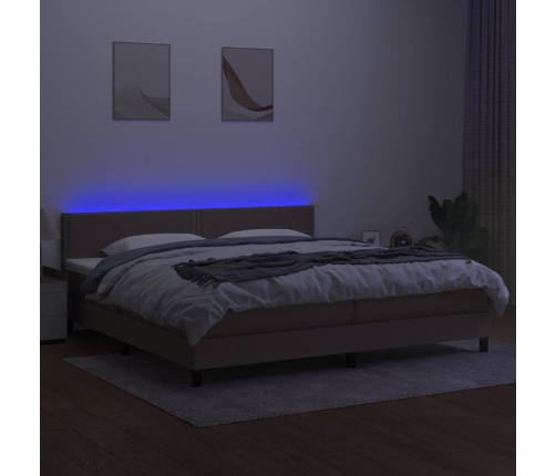 Cama box spring colchón y luces LED tela gris taupe 200x200 cm