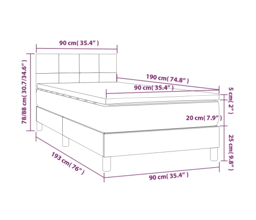 Cama box spring colchón y luces LED tela gris claro 90x190 cm