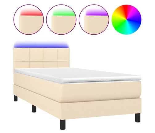 Cama box spring colchón y luces LED tela color crema 90x190 cm