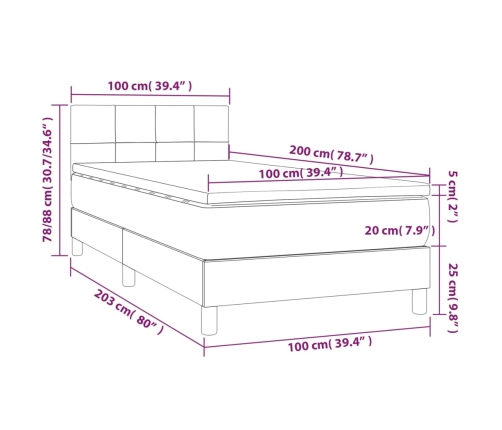 Cama box spring colchón y luces LED tela gris claro 100x200 cm