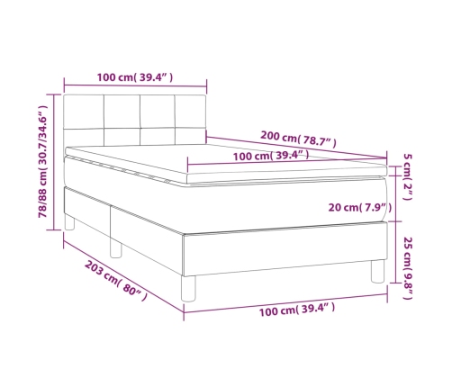 Cama box spring colchón y luces LED tela gris taupe 100x200 cm