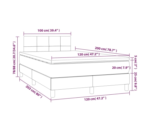 Cama box spring con colchón tela y LED gris claro 120x200 cm