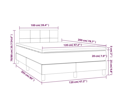 Cama box spring con colchón y LED tela marrón oscuro 120x200 cm