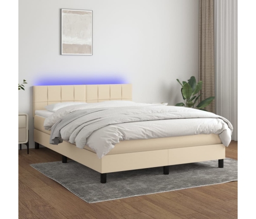 Cama box spring colchón y luces LED tela crema 140x190 cm