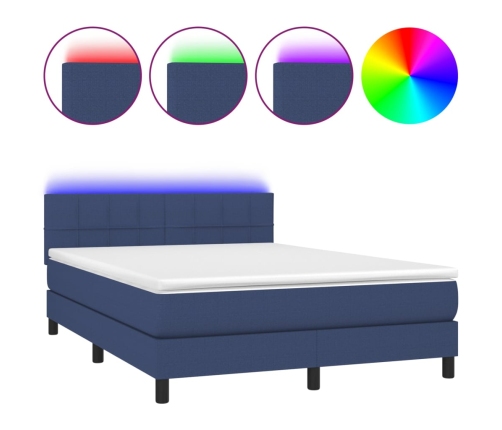 Cama box spring colchón y luces LED tela azul 140x190 cm