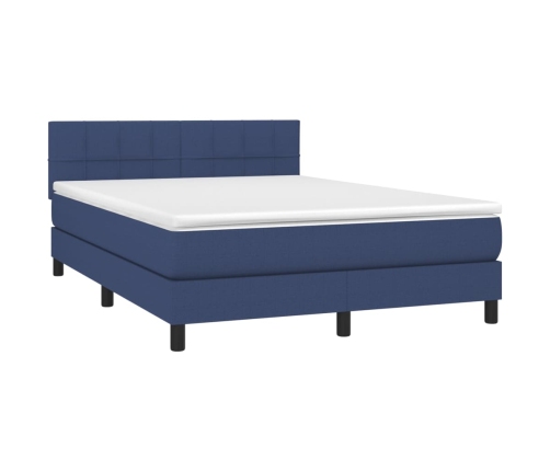 Cama box spring colchón y luces LED tela azul 140x190 cm