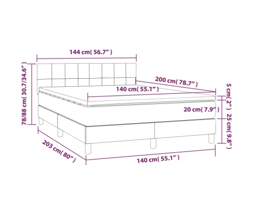 Cama box spring colchón luces LED tela marrón oscuro 140x200cm