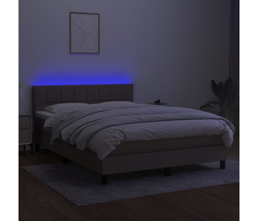 Cama box spring colchón y luces LED tela gris taupe 140x200 cm