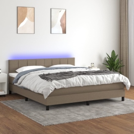 Cama box spring colchón y luces LED tela gris taupe 160x200 cm