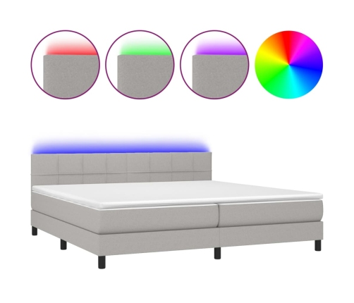 Cama box spring con colchón tela y LED gris claro 200x200 cm