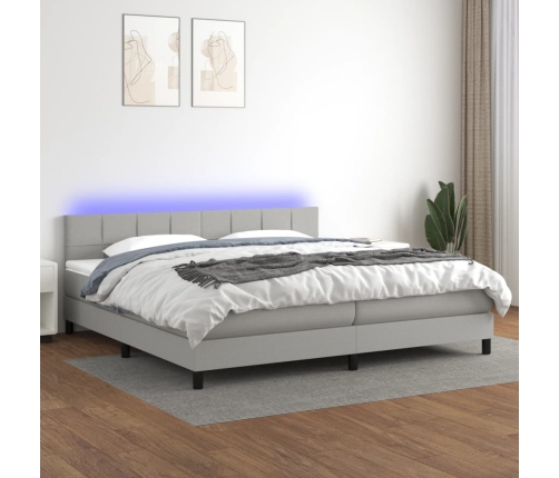 Cama box spring con colchón tela y LED gris claro 200x200 cm