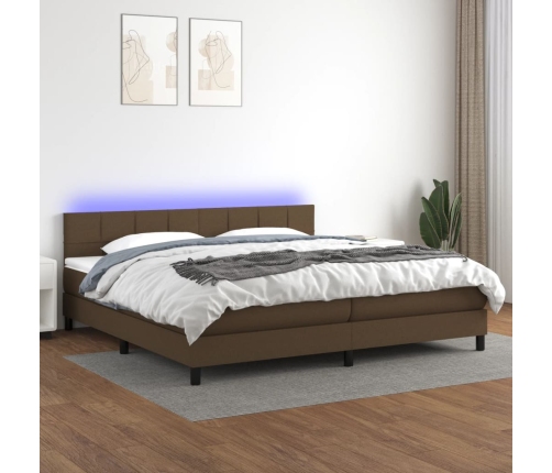 Cama box spring colchón luces LED tela marrón oscuro 200x200 cm