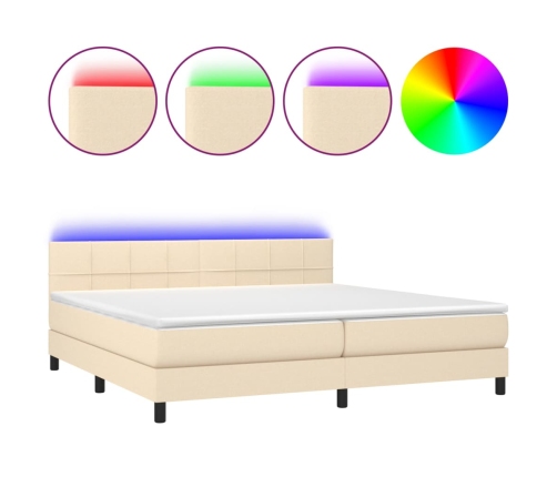 Cama box spring colchón y luces LED tela crema 200x200 cm