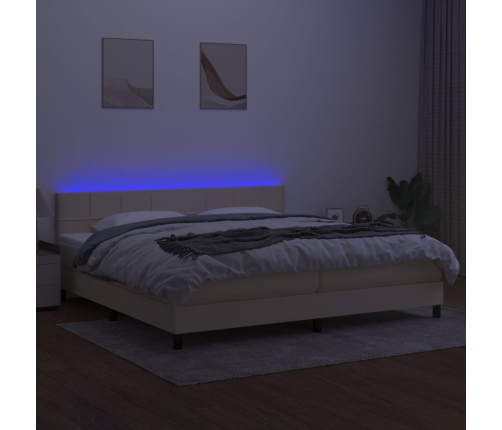 Cama box spring colchón y luces LED tela crema 200x200 cm