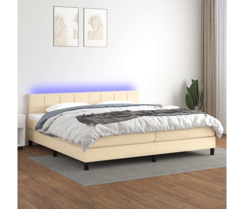 Cama box spring colchón y luces LED tela crema 200x200 cm