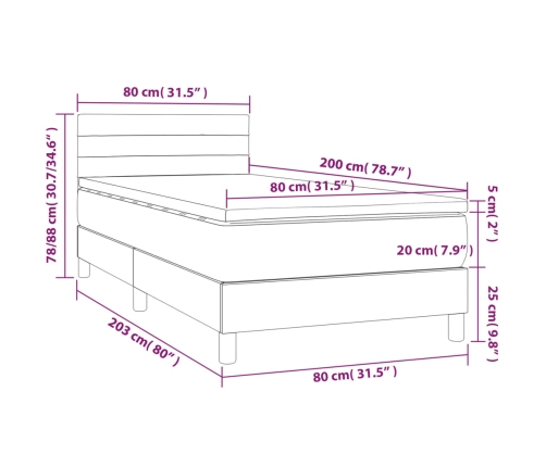 Cama box spring colchón y luces LED tela gris oscuro 80x200 cm