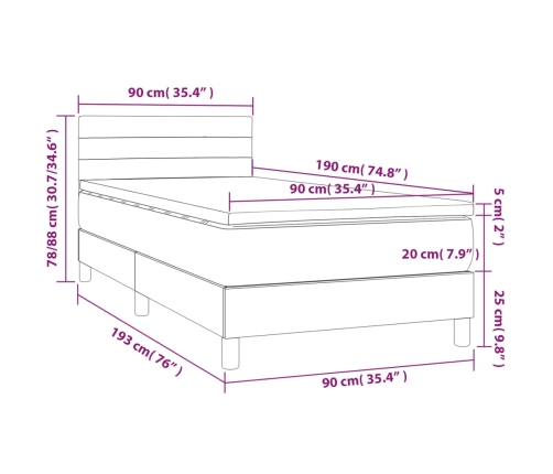 Cama box spring colchón y luces LED tela gris claro 90x190 cm